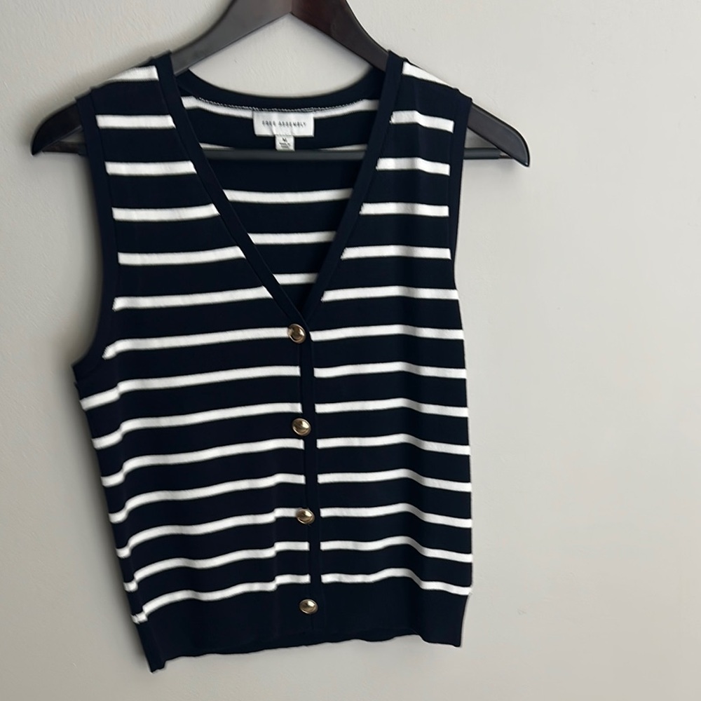 Free Assembly Striped Sleeveless Cardigan with Gold Buttons